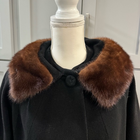 Vintage 1950s Women’s Black Dress Coat with‎ Fur Collar Hollywood Glamour Large - Picture 8 of 13